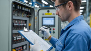 انجام تست کنترل کیفیت روی تابلو برق صنعتی توسط کارشناس فنی در کارخانه تابلو پارس نو